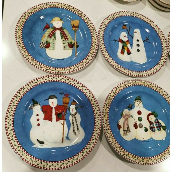 8 SAKURA Debbie Mumm SNOWMAN Salad Plates Christmas 8.25" - Picture 4 of 6